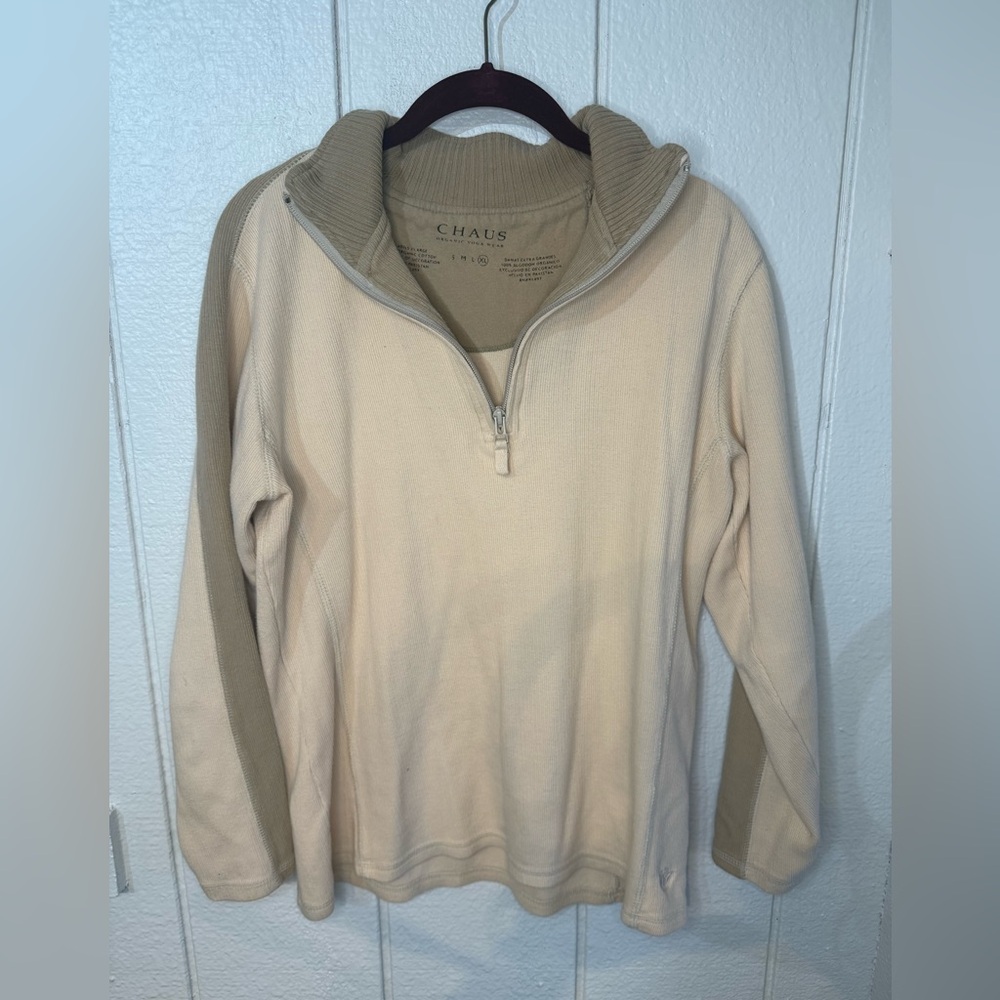 Chaus Zip-Up yoga Sweater in Cream and Tan SZ MED organic cotton